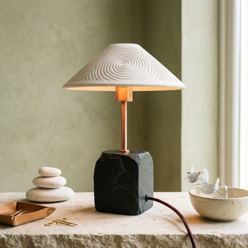 Ta lampa stołowa ma ciemną podstawę z naturalnego kamienia oraz metalowy trzon w miedzianym odcieniu